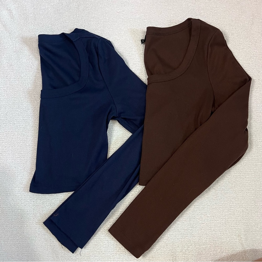 SHEIN Navy and Brown Long Sleeve Tops